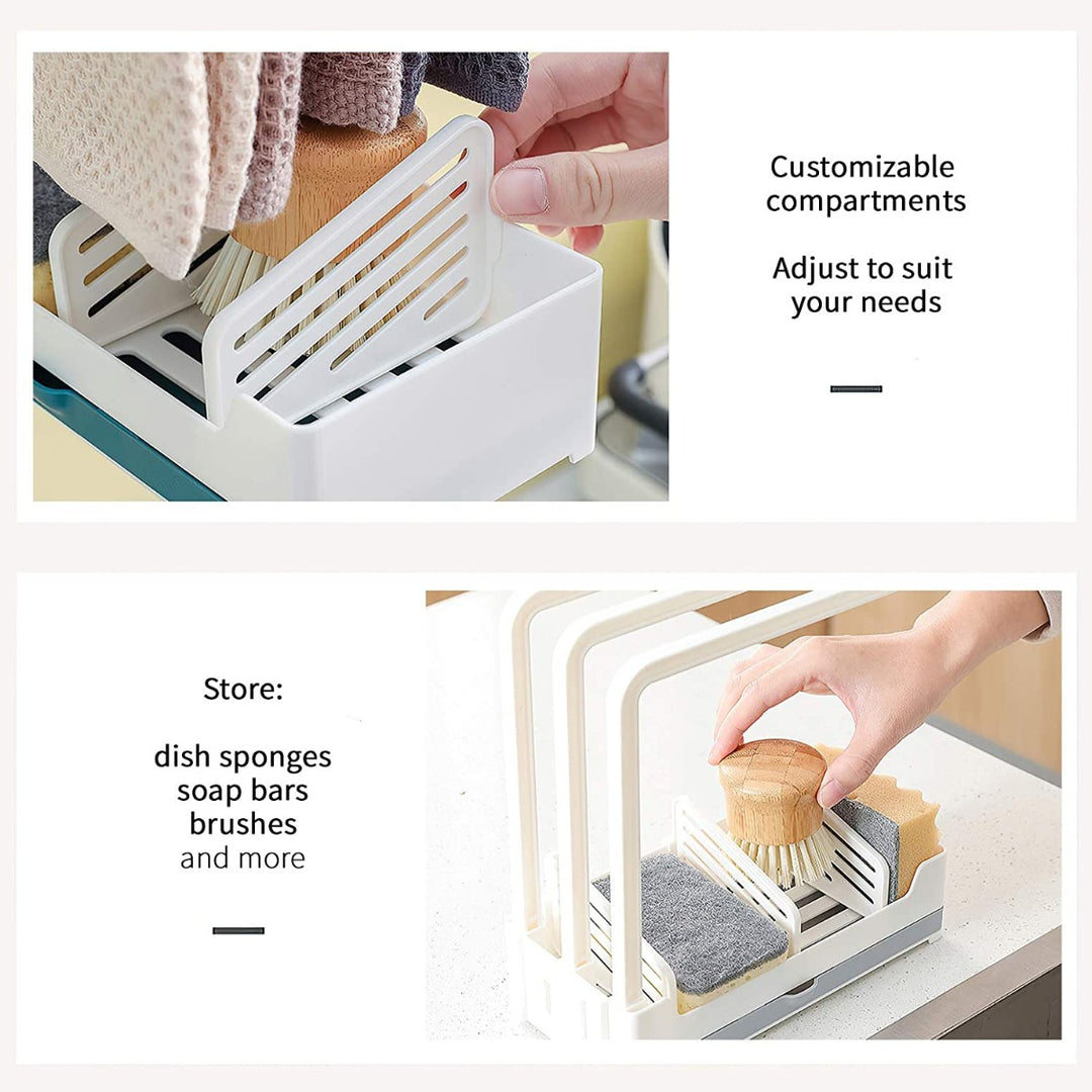 Organizer per lavello da cucina 3 supporti stabili per strofinacci da cucina più contenitore con cassettino per l'acqua che gocciola