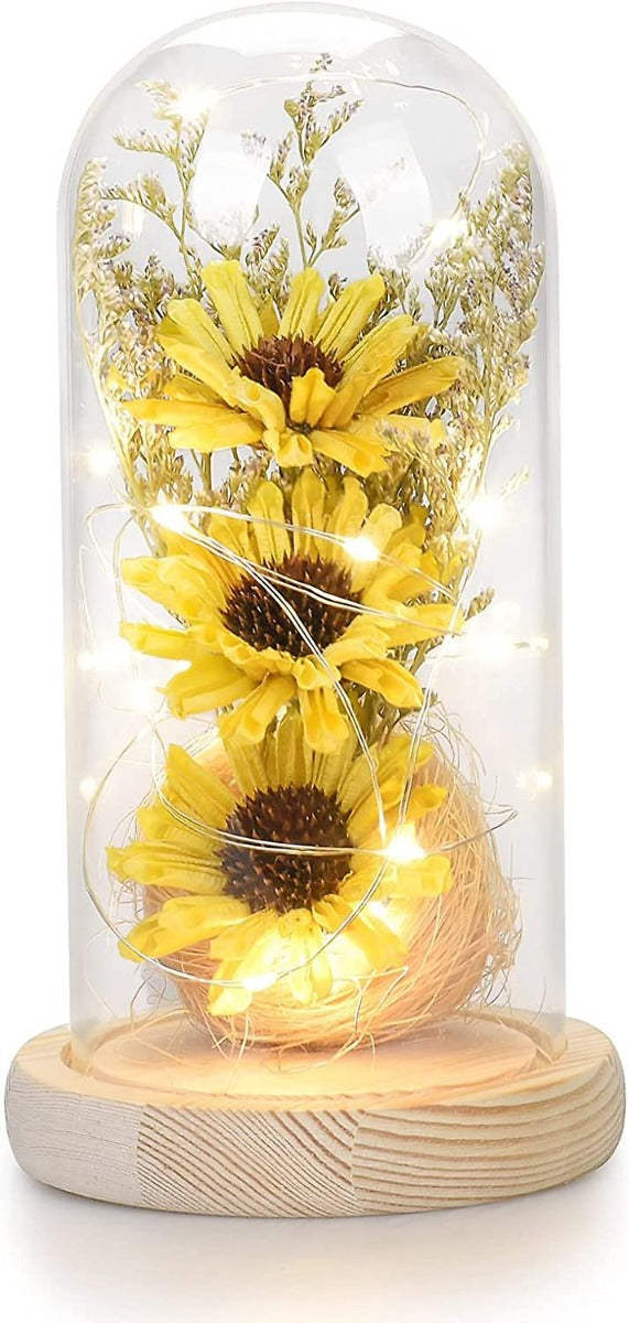 Artificial sunflower in glass dome with LED light strip