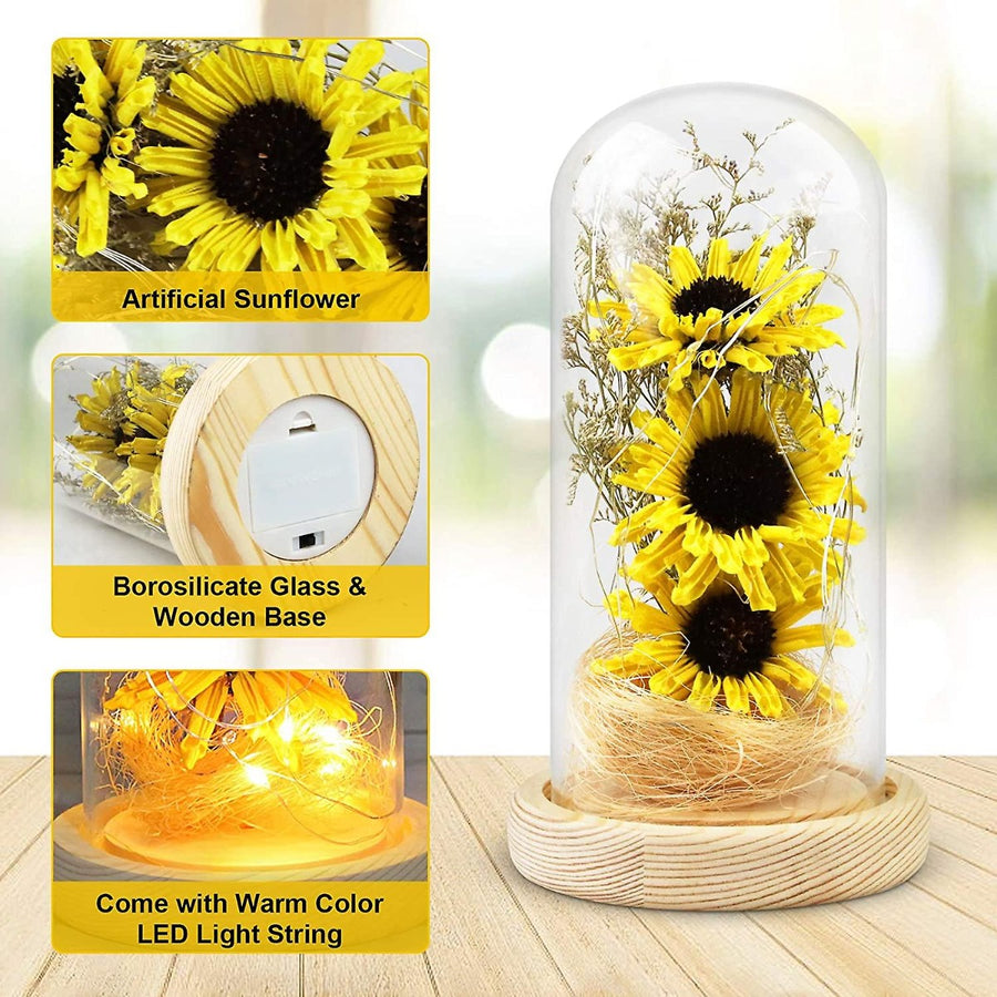 Artificial sunflower in glass dome with LED light strip