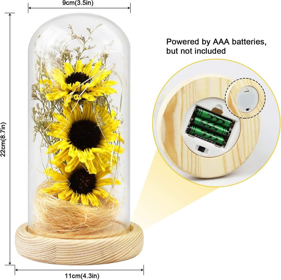 Artificial sunflower in glass dome with LED light strip