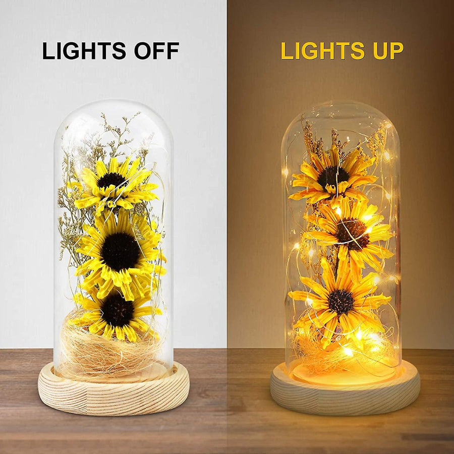 Artificial sunflower in glass dome with LED light strip