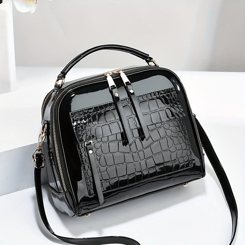 Elegant Crocodile Pattern Patent Leather Handbag, Retro Style, Vintage Square Shoulder Bag, Faux Leather Crossbody With Adjustable Strap For Women