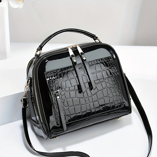 Elegant Crocodile Pattern Patent Leather Handbag, Retro Style, Vintage Square Shoulder Bag, Faux Leather Crossbody With Adjustable Strap For Women