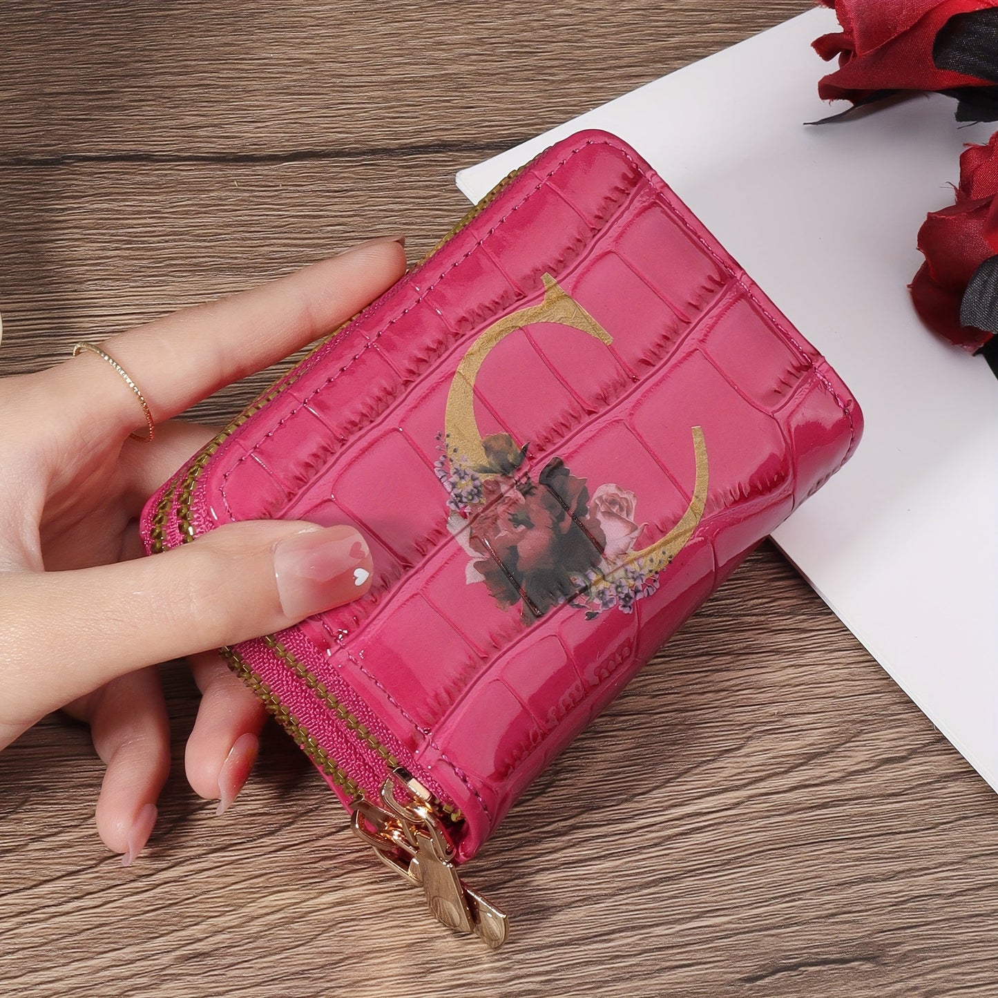 Floral Letter Pattern Credit Card Holder Small Business Card Case For Women Or Men Accordion Wallet With Zipper