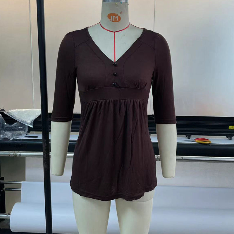 Summer Pure Color Tight Casual Waist Tight V-neck Pullover Top