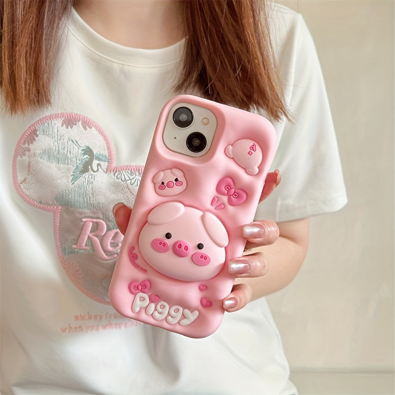 Cartoon Pig Silicone Phone Case with Stand for Apple, Cute 3D Piggy Design, Soft Protective Cover with Pop-Out Holder - Compatible with iPhone Models
