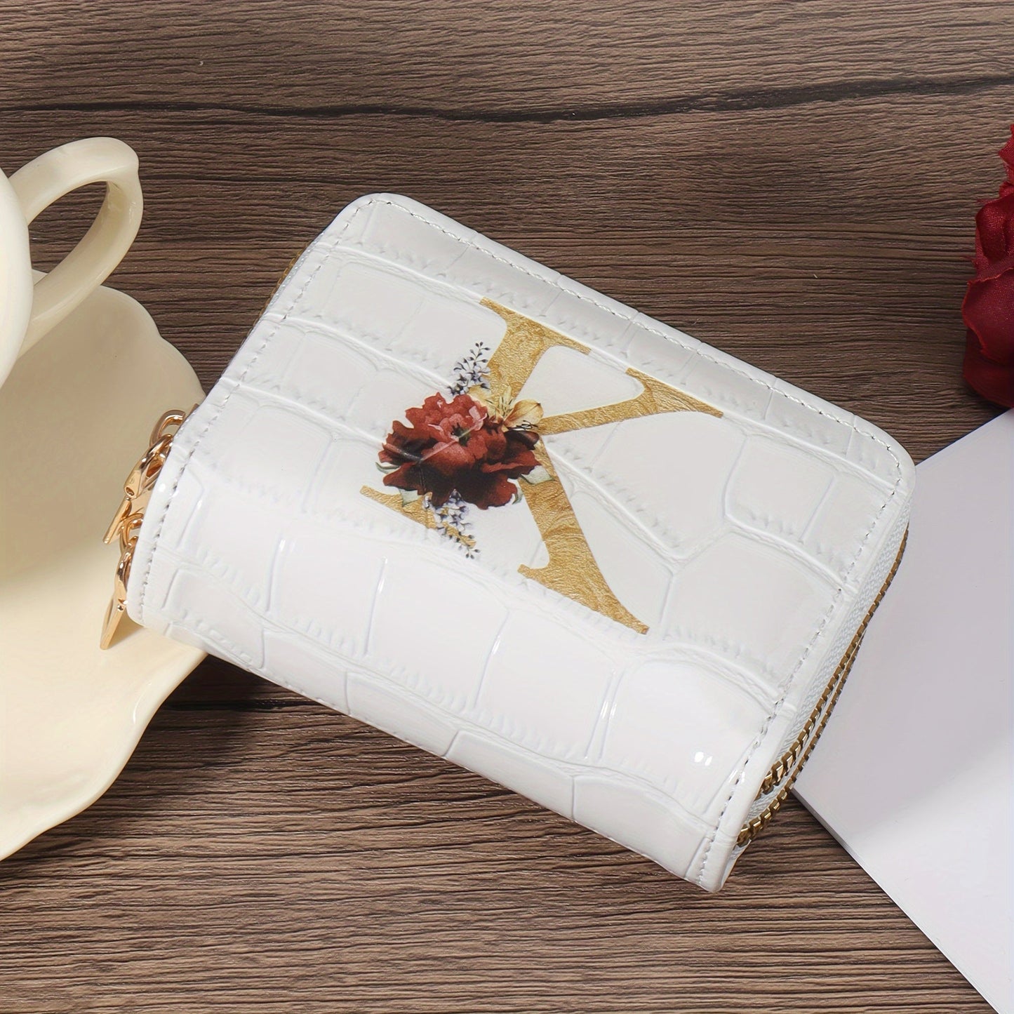 Floral Letter Pattern Credit Card Holder Small Business Card Case For Women Or Men Accordion Wallet With Zipper