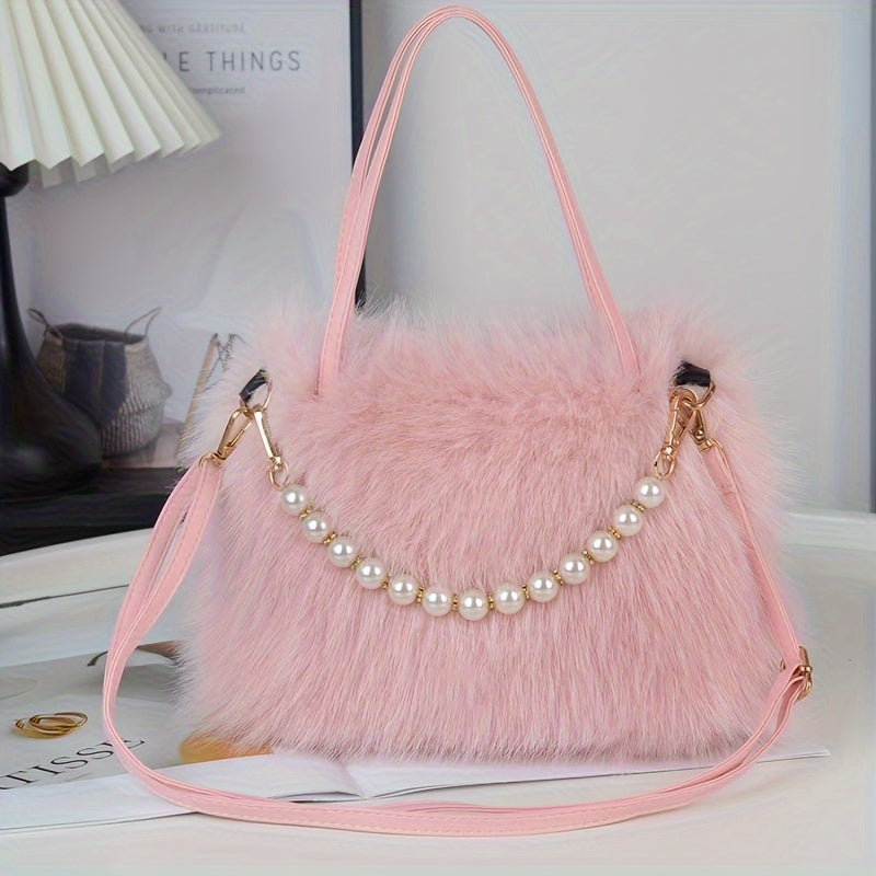 Chic Faux Fur Shoulder Bag for Women - Versatile Plush Underarm Purse with Magnetic Closure, Available in Bright Pink, Khaki, Coffee, White, Black