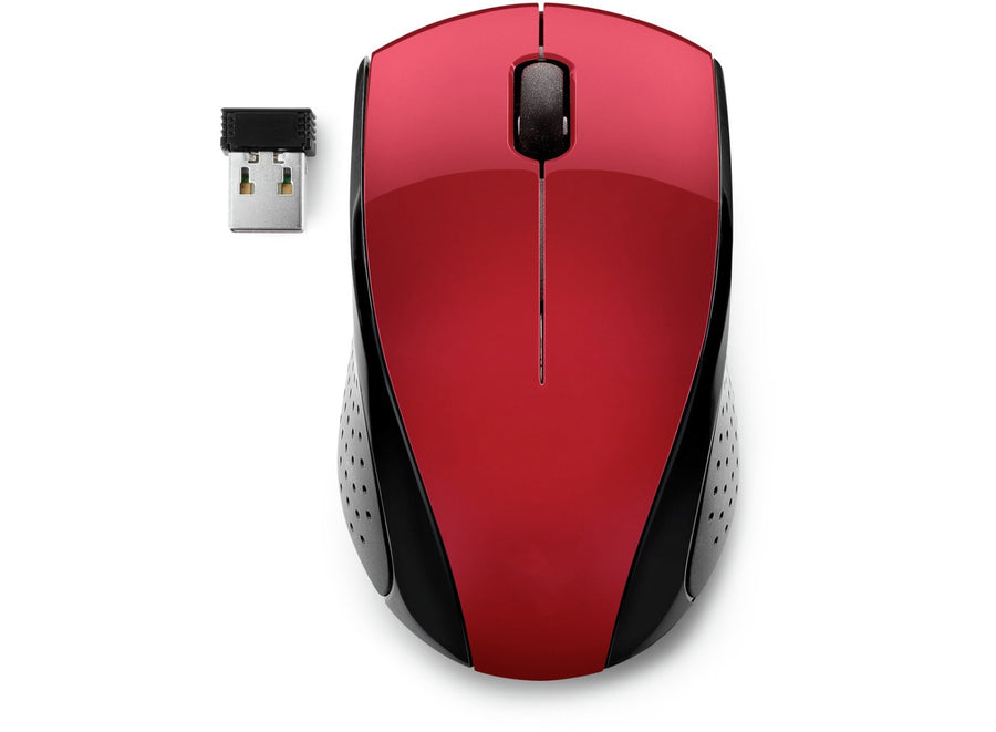 Wireless mouse with red and black ergonomic USB adapter