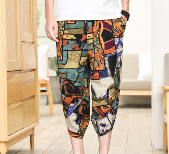 Men's Cropped Tapered Cotton Linen Harem Ethnic Floral Pants