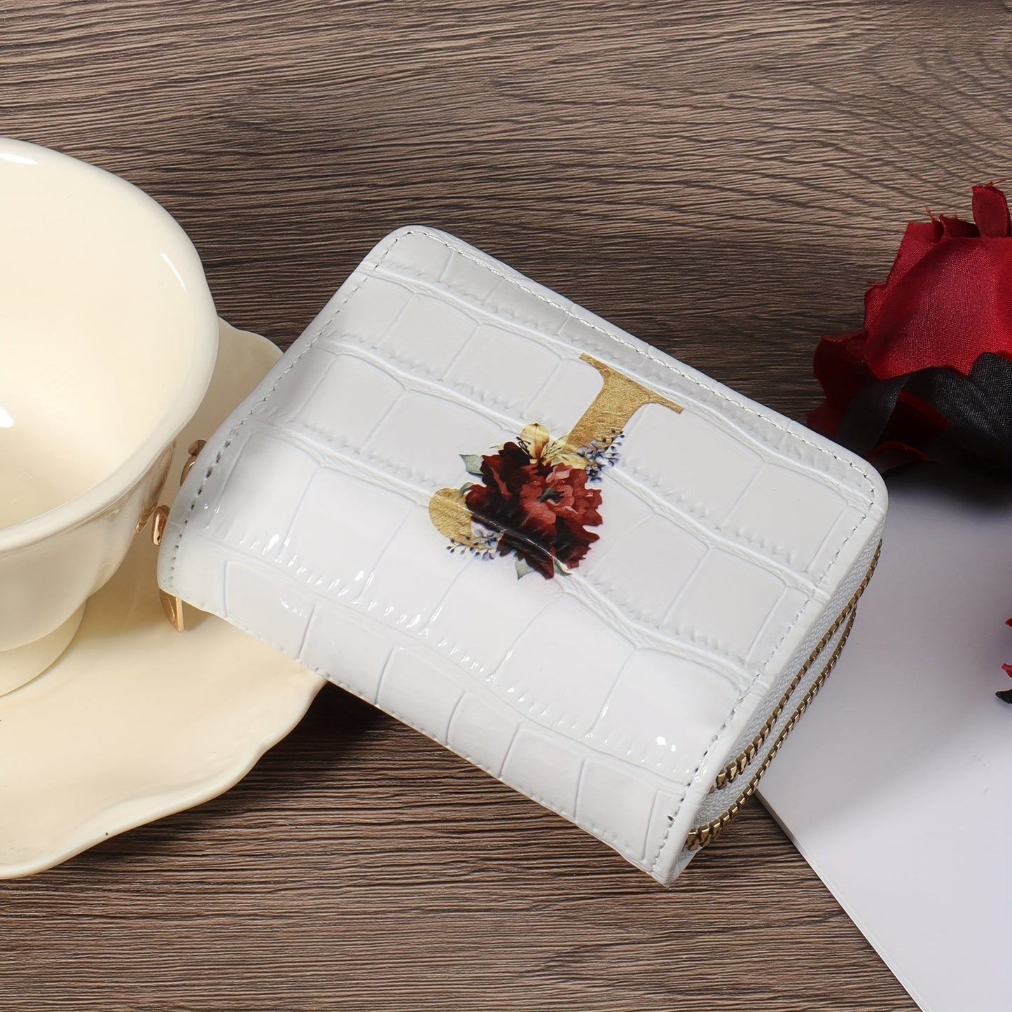 Floral Letter Pattern Credit Card Holder Small Business Card Case For Women Or Men Accordion Wallet With Zipper