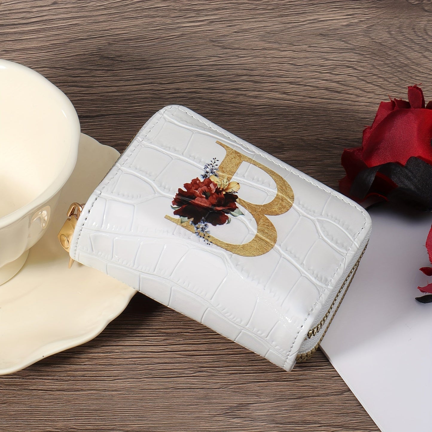 Floral Letter Pattern Credit Card Holder Small Business Card Case For Women Or Men Accordion Wallet With Zipper