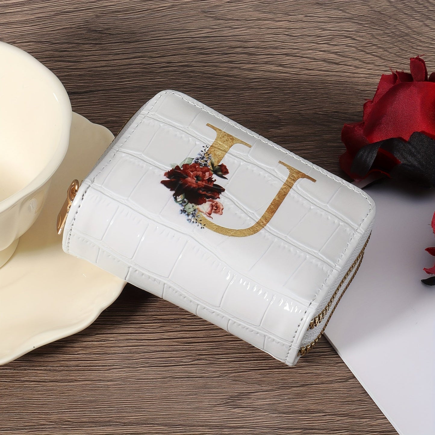 Floral Letter Pattern Credit Card Holder Small Business Card Case For Women Or Men Accordion Wallet With Zipper