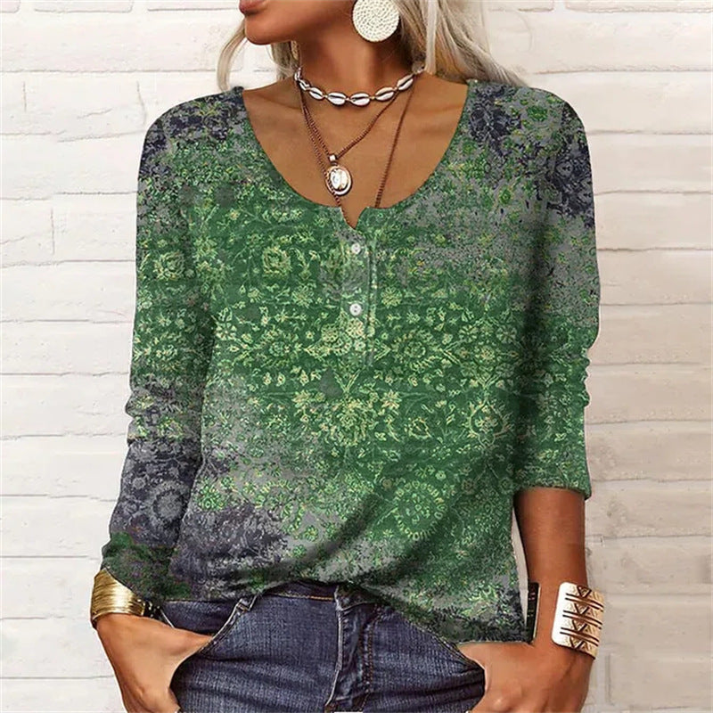 Loose Long-sleeved Geometric Floral U-neck Button T-shirt