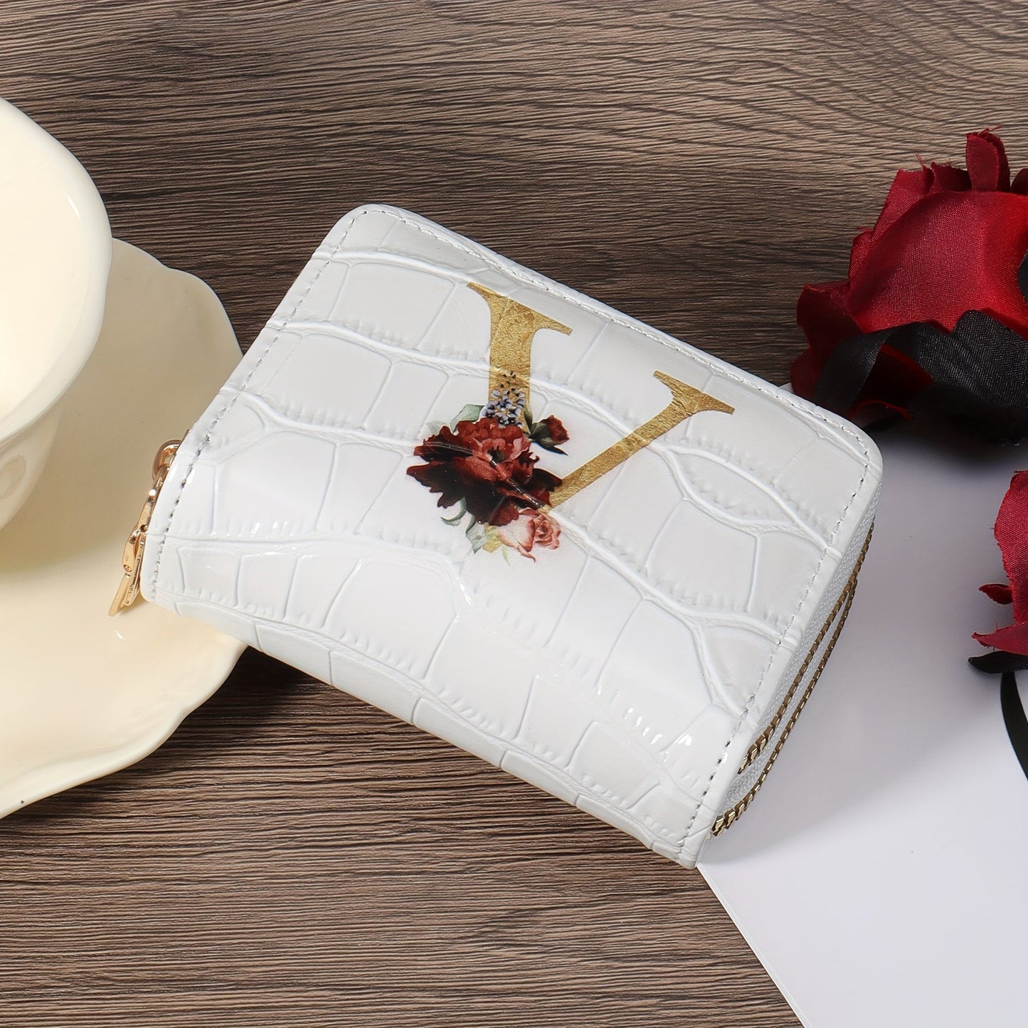 Floral Letter Pattern Credit Card Holder Small Business Card Case For Women Or Men Accordion Wallet With Zipper