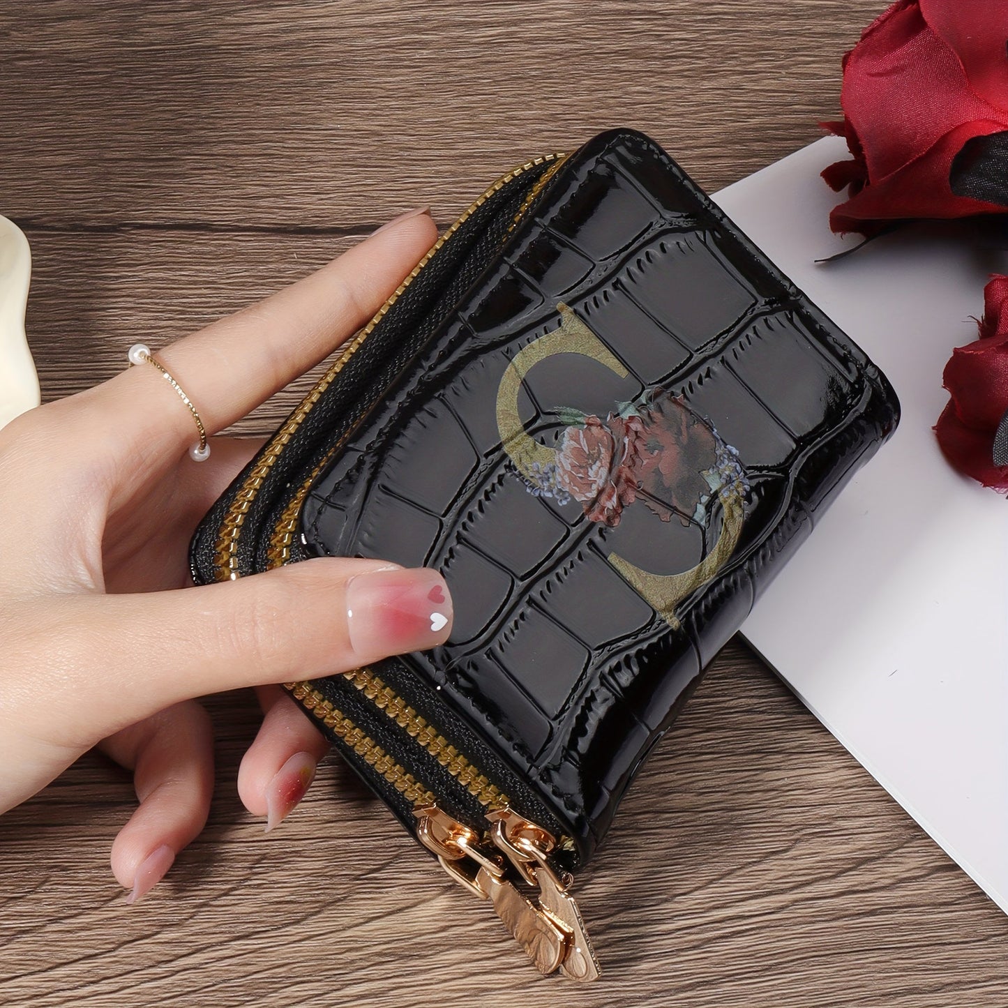 Floral Letter Pattern Credit Card Holder Small Business Card Case For Women Or Men Accordion Wallet With Zipper