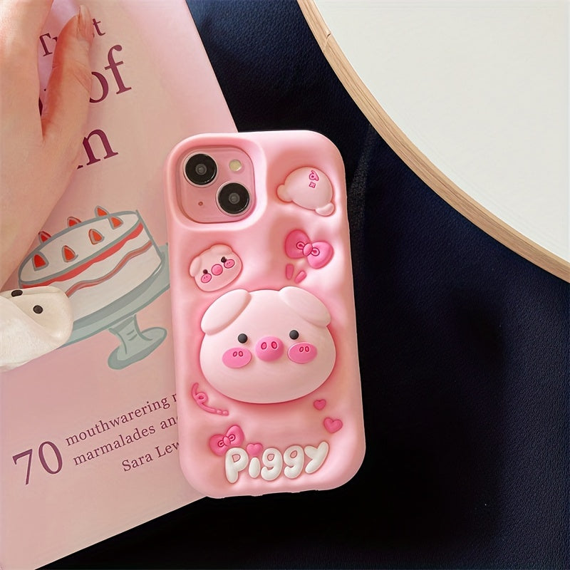 Cartoon Pig Silicone Phone Case with Stand for Apple, Cute 3D Piggy Design, Soft Protective Cover with Pop-Out Holder - Compatible with iPhone Models