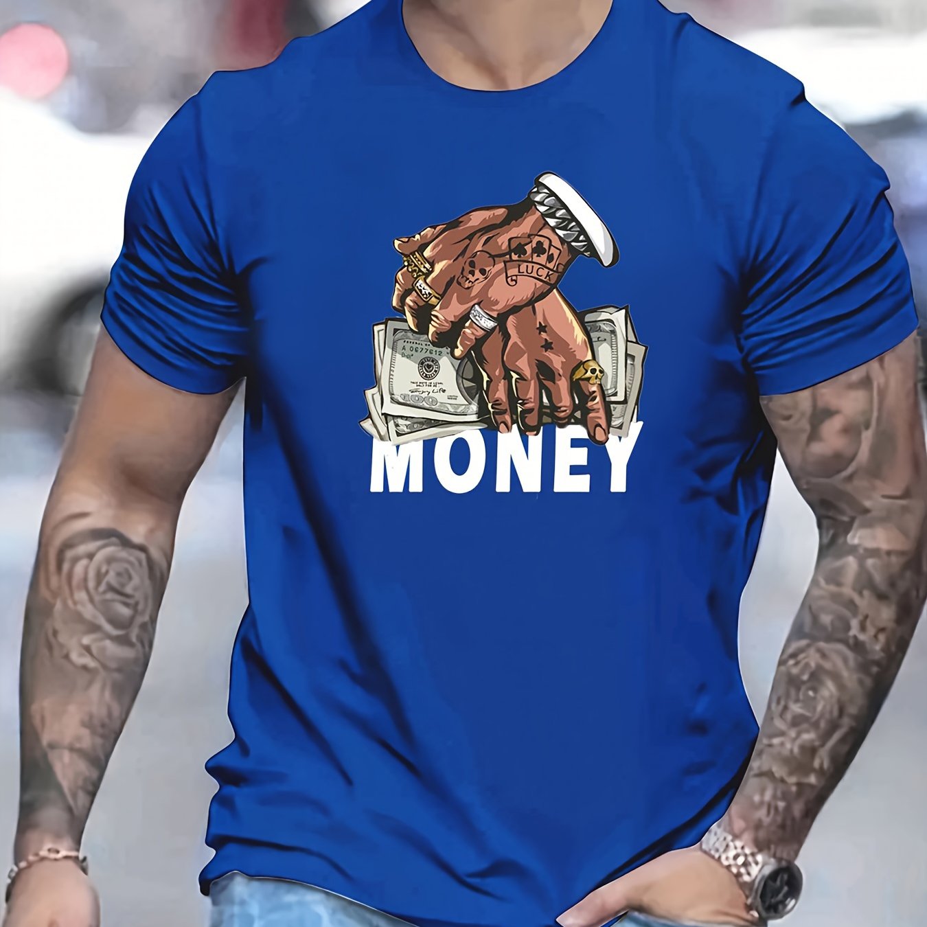 Cartoon Money & Hands Print, Men's Graphic Design Crew Neck Niche T-shirt, Casual Comfy Tees Tshirts For Summer, Men's Clothing Tops For Daily Vacation Resorts