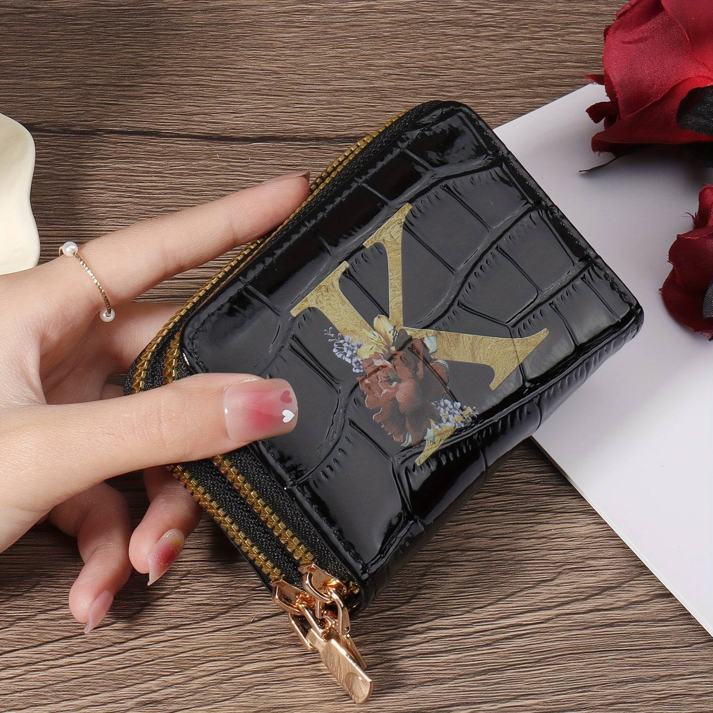 Floral Letter Pattern Credit Card Holder Small Business Card Case For Women Or Men Accordion Wallet With Zipper