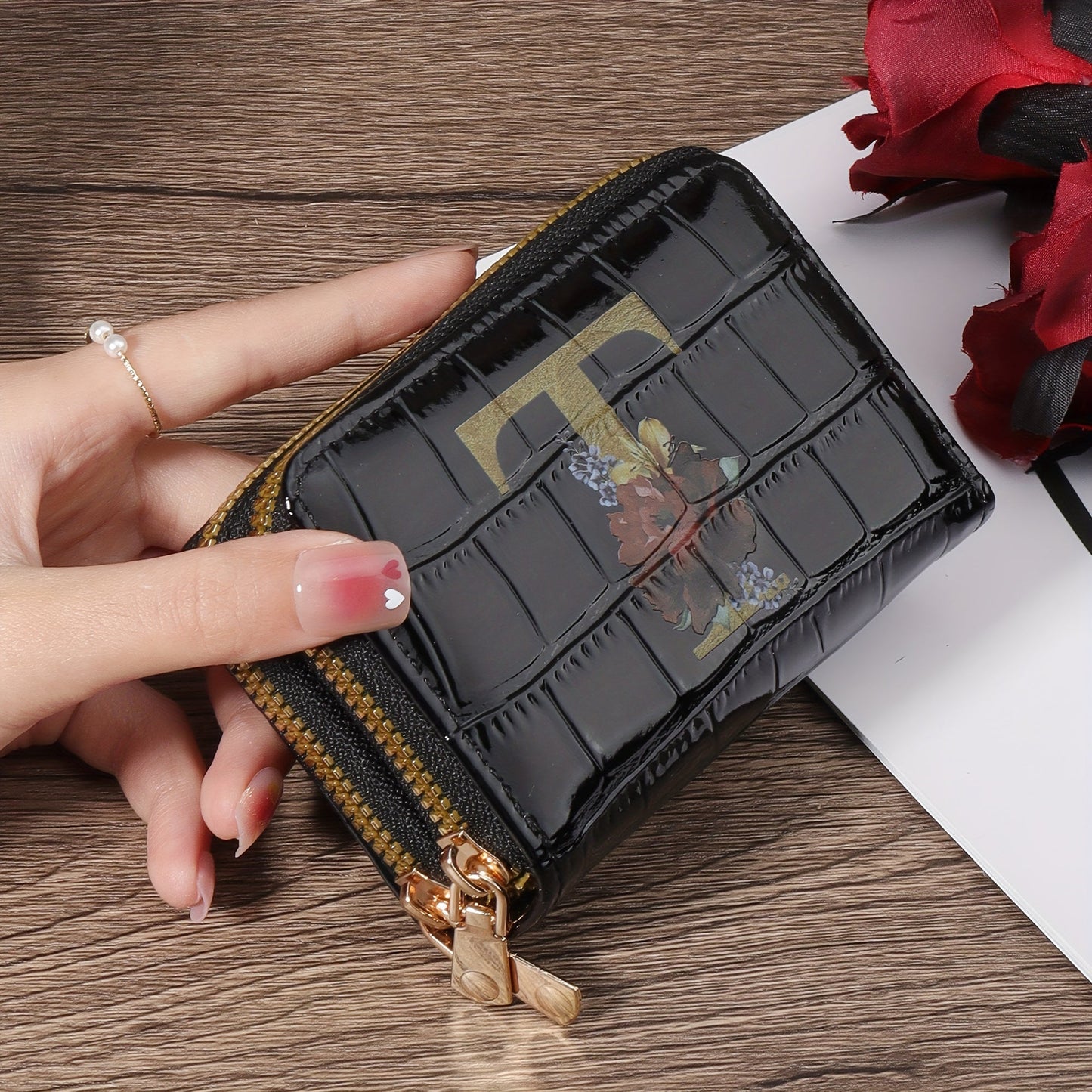 Floral Letter Pattern Credit Card Holder Small Business Card Case For Women Or Men Accordion Wallet With Zipper
