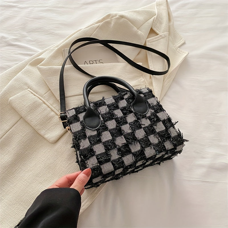 Spacious Carryall, Chic Plaid Canvas Tote Bag for Women - Fashionable Korean-Style Shoulder Handbag with Adjustable Strap, Large Capacity, Zip Closure - Blue/Black