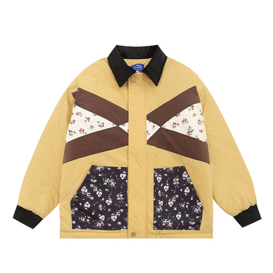 Vintage Winter Color Contrast Patchwork Floral Turn-down Collar Coat