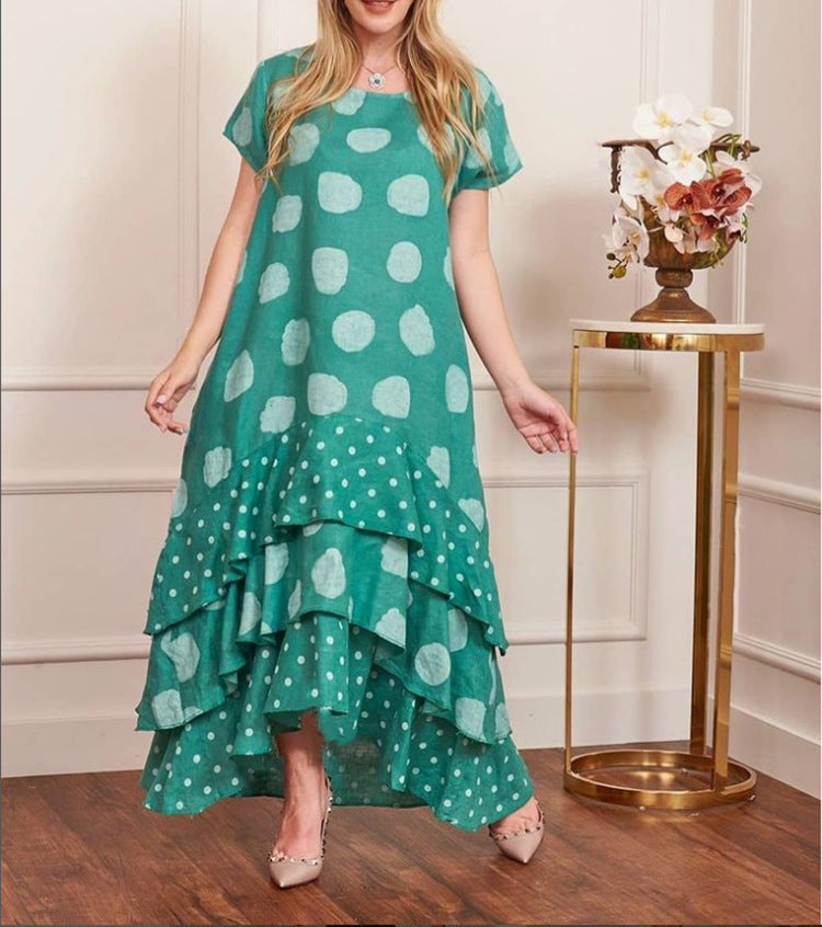 Round Neck Polka Dot Swing Long Dress Women