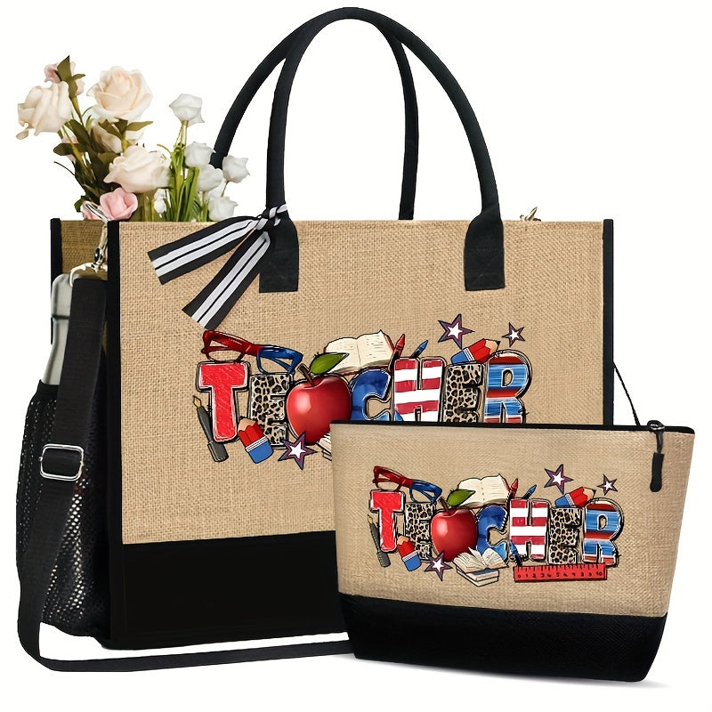 2pcs Teacher Appreciation Tote Bag With Cosmetic Pouch Set, Canvas Lightweight Bag, Durable Shopping Bag, Academic Design Portable Bag For Travel And Beach