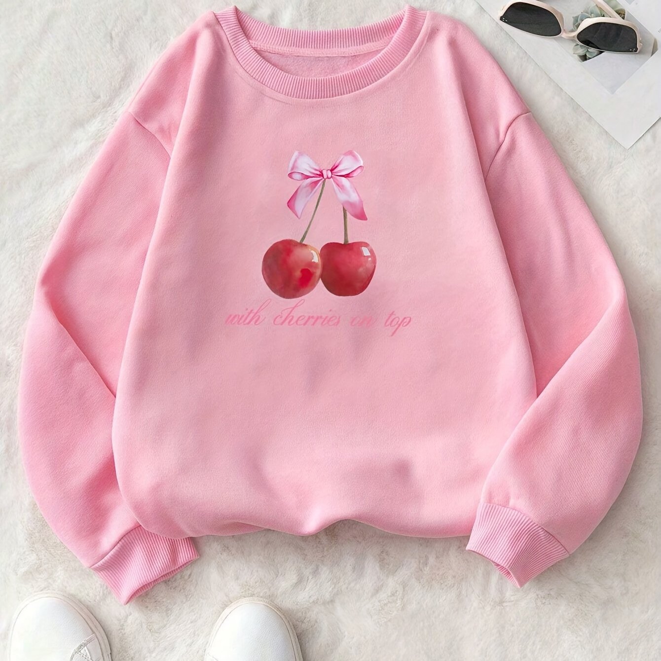 Fruit Patterned Casual Pullover Hoodie, Relaxed Fit, Round Neck, Long Sleeve, Casual Style Suitable For Winter