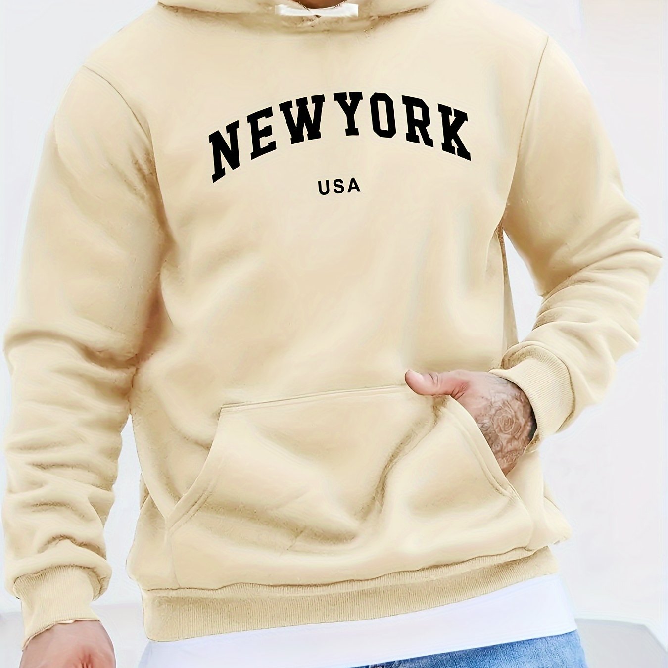 New York Print Kangaroo Pocket Hoodie, Casual Long Sleeve Hoodies Pullover Sweatshirt, Men's Clothing, For Fall Winter