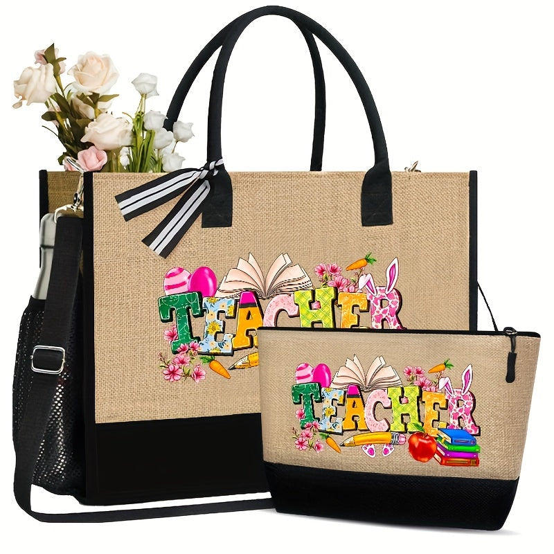 2pcs Teacher Appreciation Tote Bag With Cosmetic Pouch Set, Canvas Lightweight Bag, Durable Shopping Bag, Academic Design Portable Bag For Travel And Beach