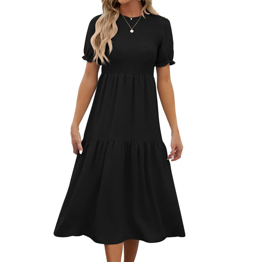 Summer Round Neck Pleating Puff Sleeve Short Sleeve Elegant Dress