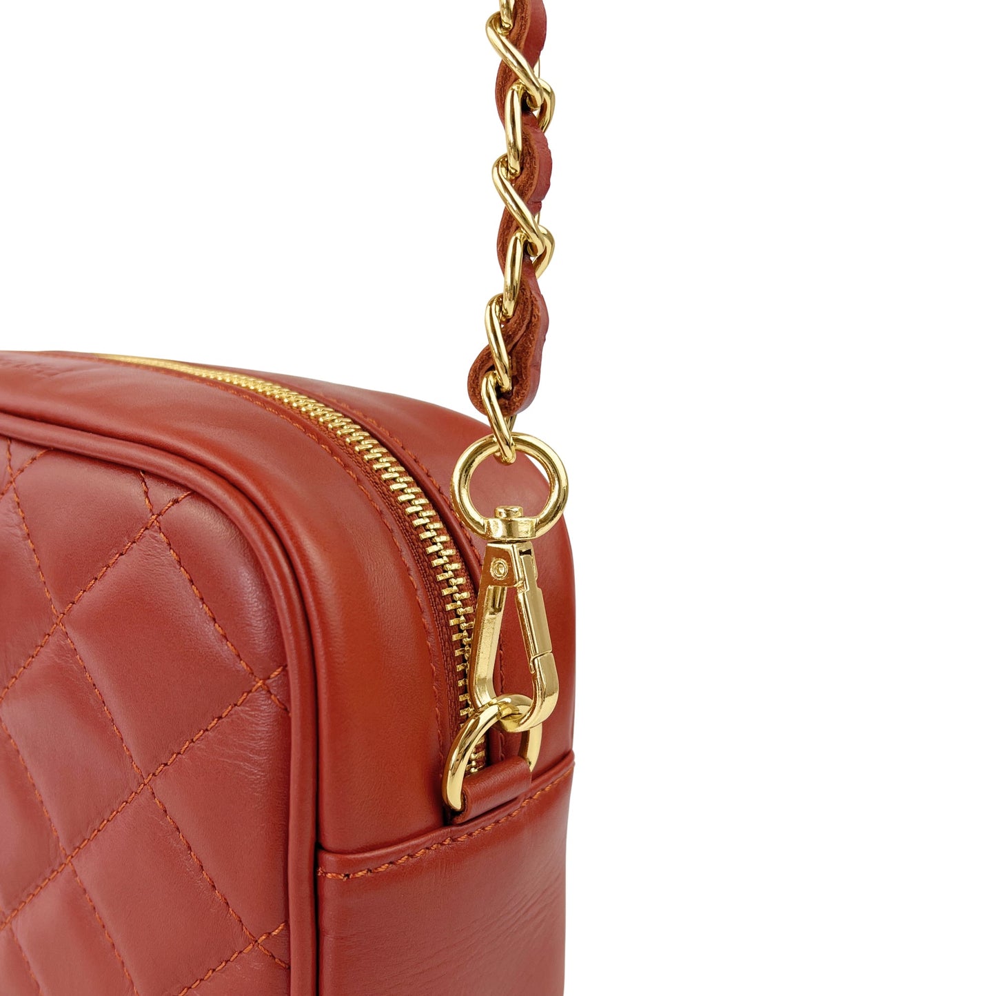 Borsa Donna a Tracolla Trapuntata Rosso Mattone, In Vera Pelle, Made in Italy, Nora