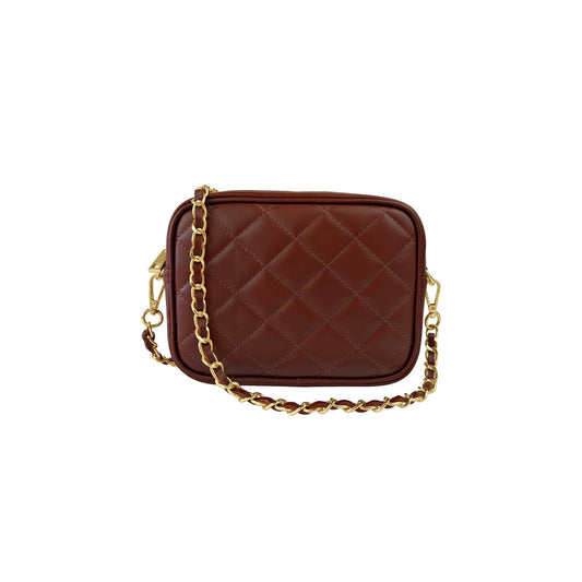 Borsa Donna a Tracolla Trapuntata Marrone, In Vera Pelle, Made in Italy, Nora