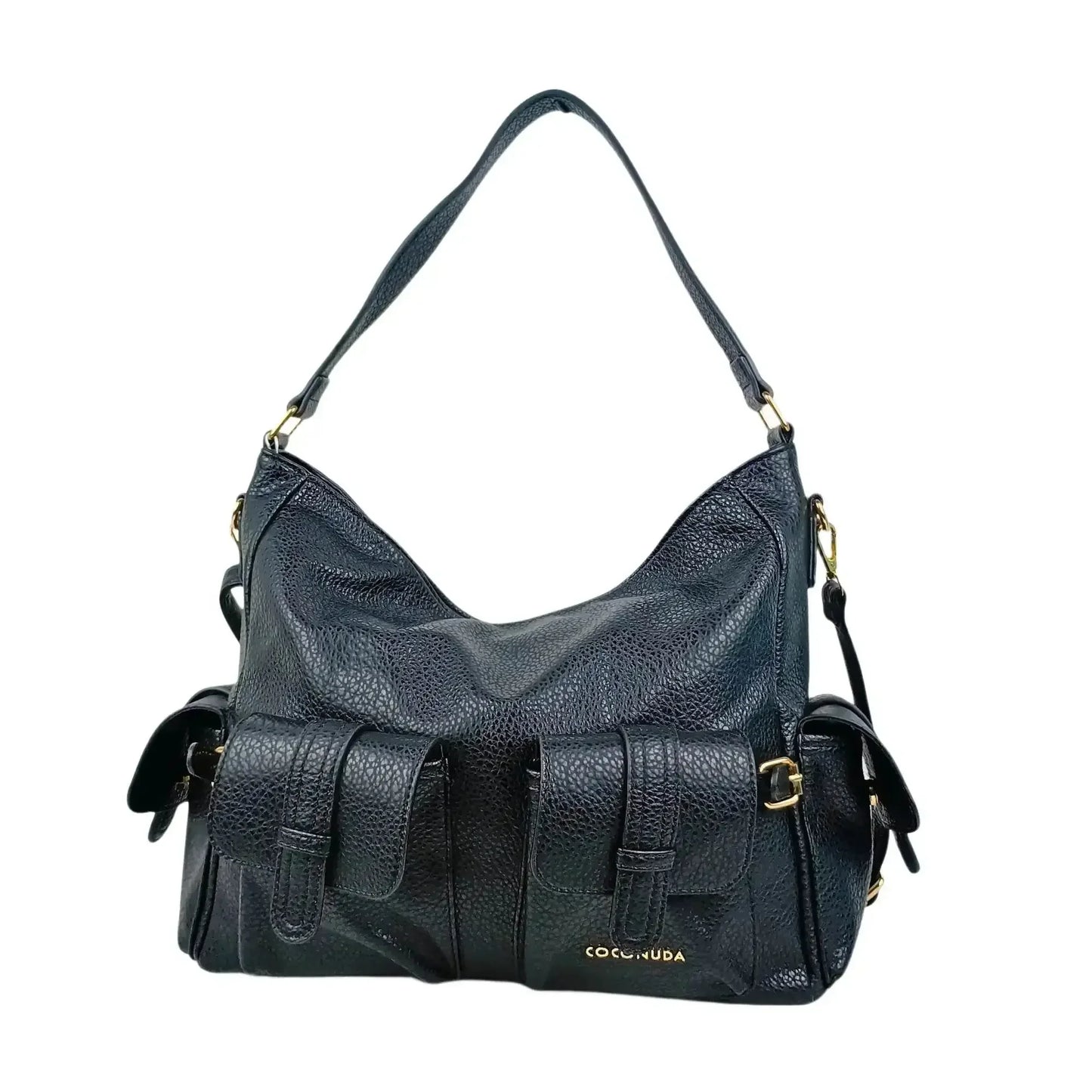 Black Leather Shopper Bag with Multiple Pockets for Women