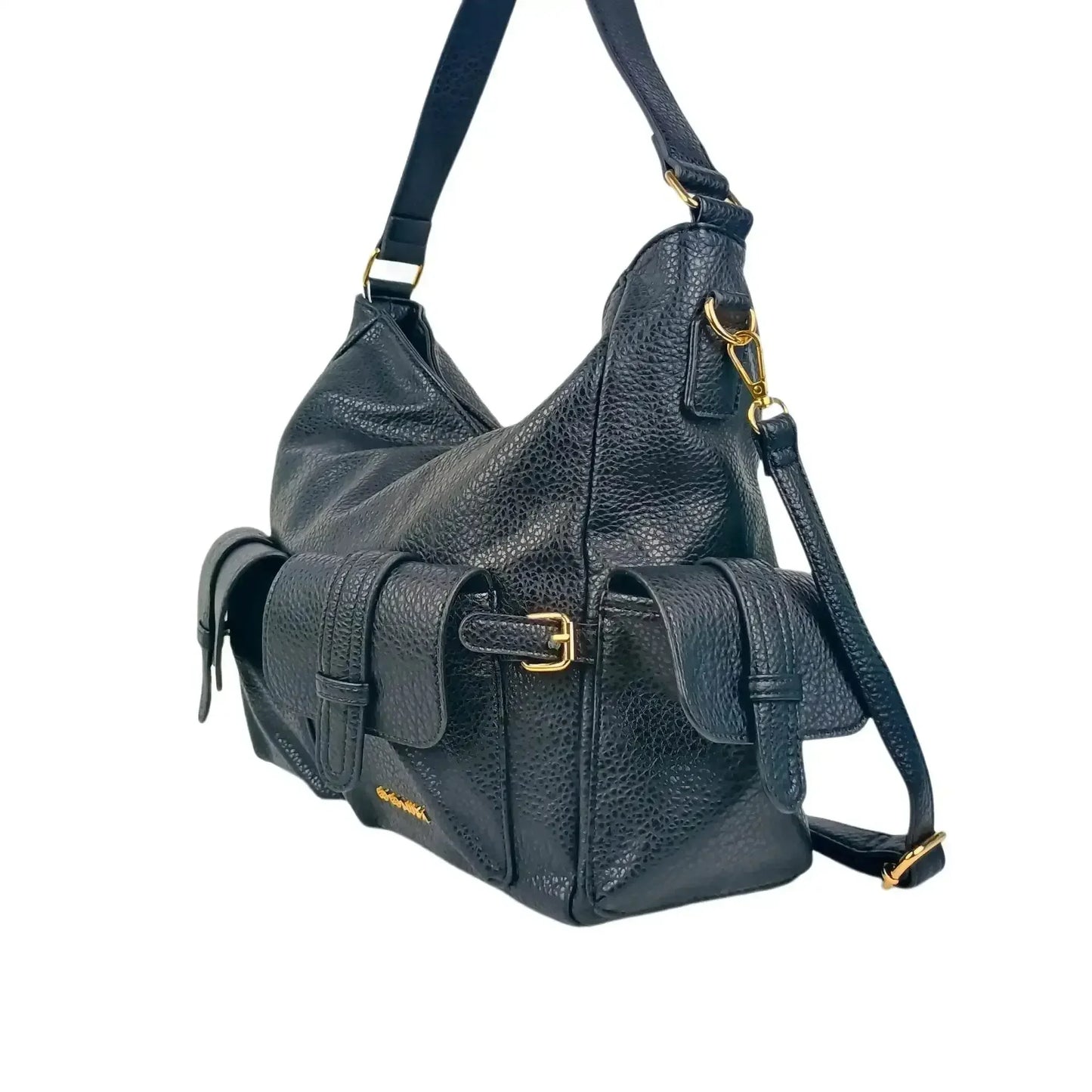 Black Leather Shopper Bag with Multiple Pockets for Women