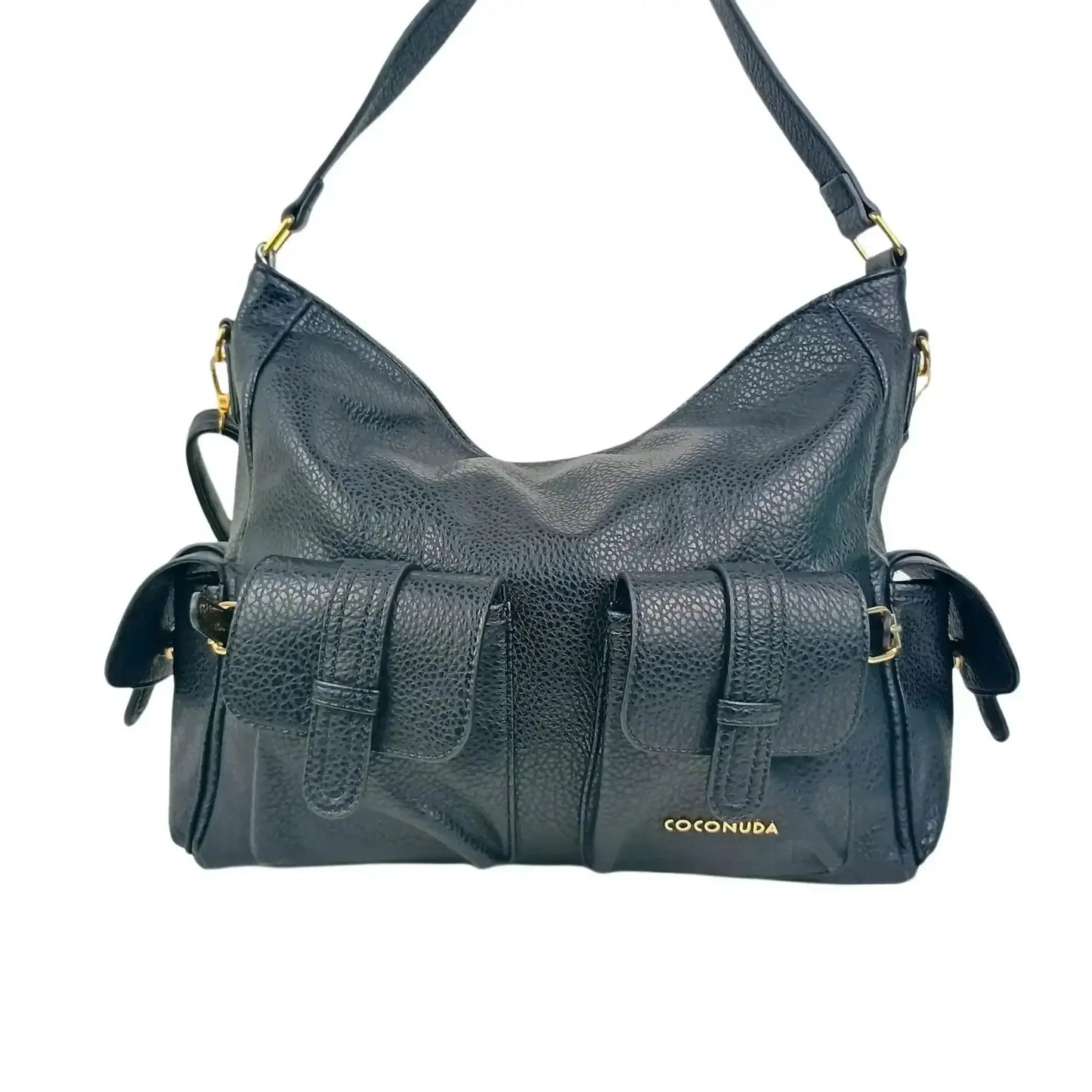 Black Leather Shopper Bag with Multiple Pockets for Women