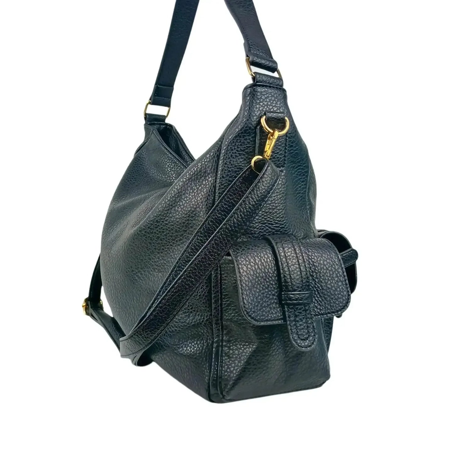 Black Leather Shopper Bag with Multiple Pockets for Women