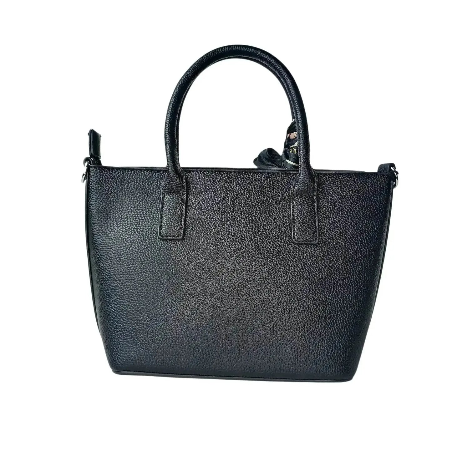 Black Leather Shopper Bag with Woven Texture and Scarf Accent