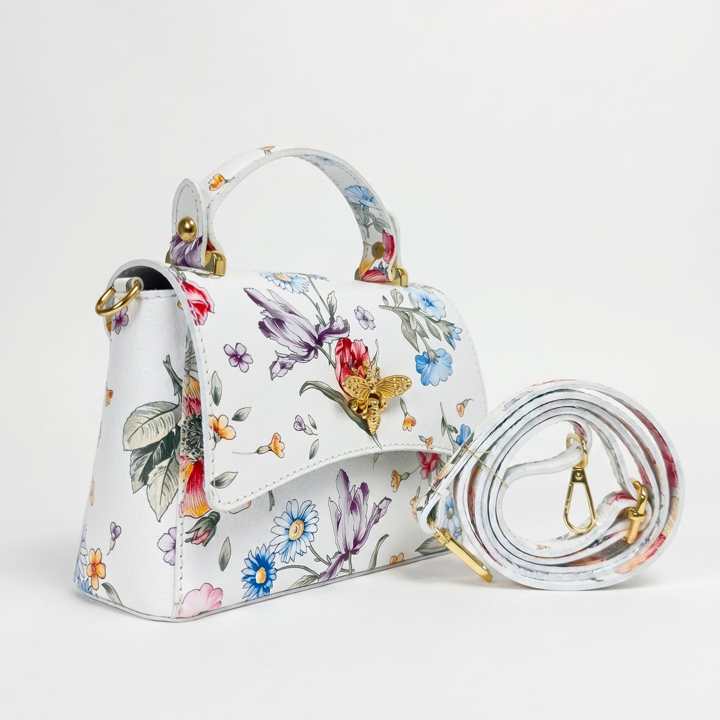 Borsa Farfalla in Vera Pelle con Stampa Floreale Made in Italy