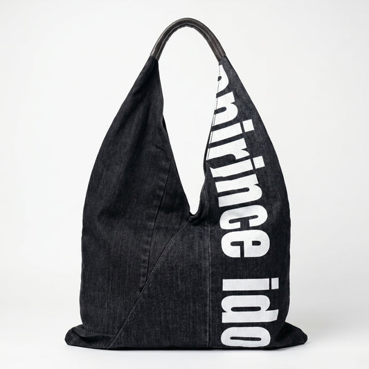 Borsa Hobo Tote in Denim con Stampa Grafica e Dettagli Dorati