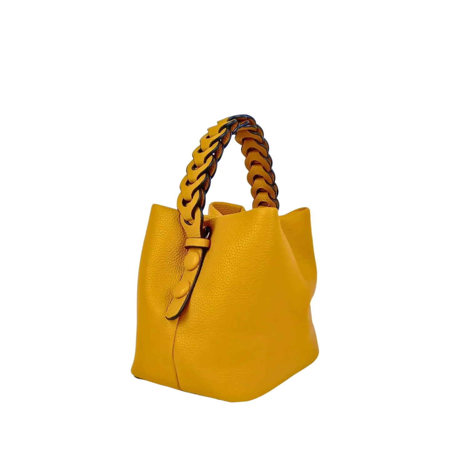 Mustard Yellow Leather Bucket Handbag with Braided Handle