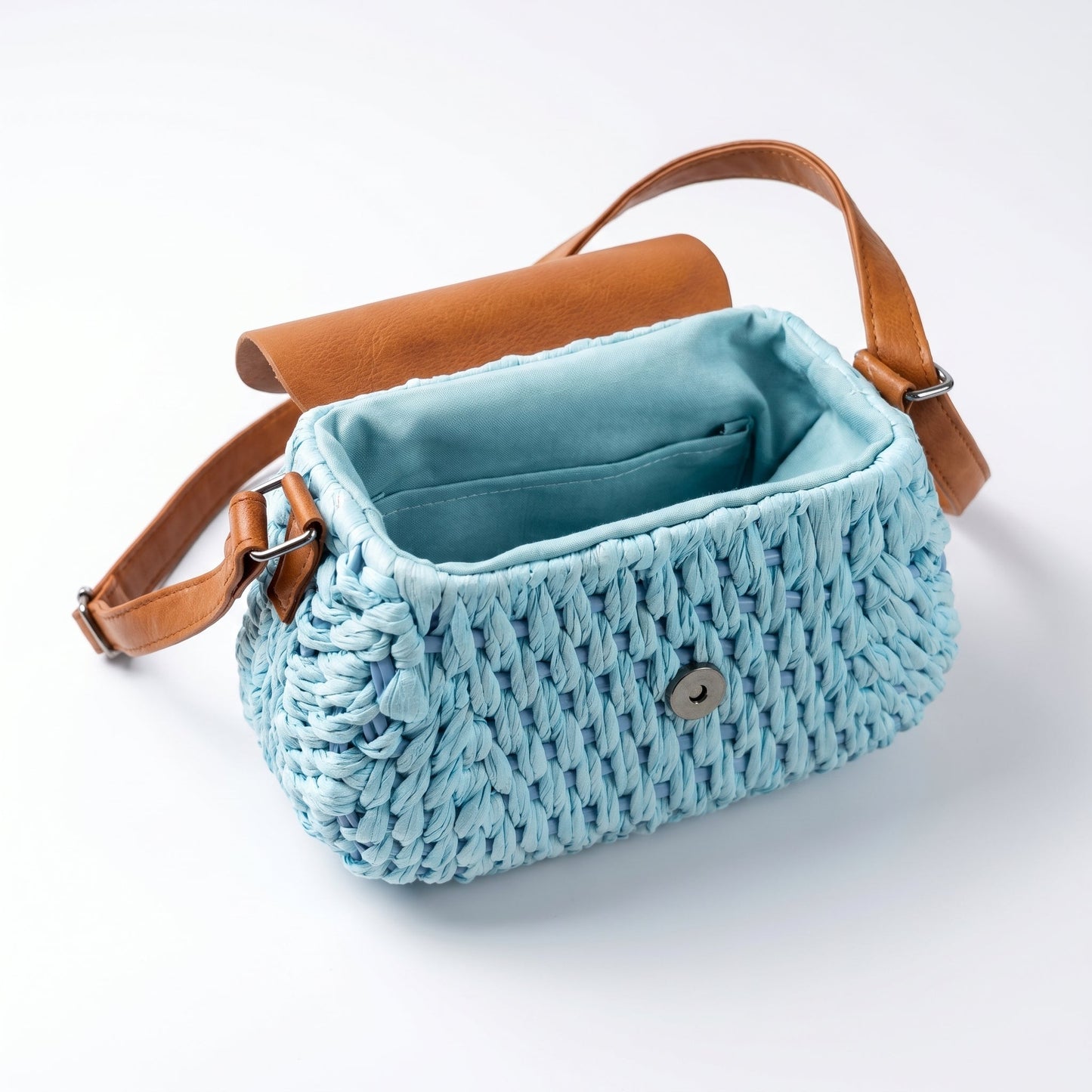 Borsa Tracolla in Rafia Intrecciata con Pattino Ricamato a Perline
