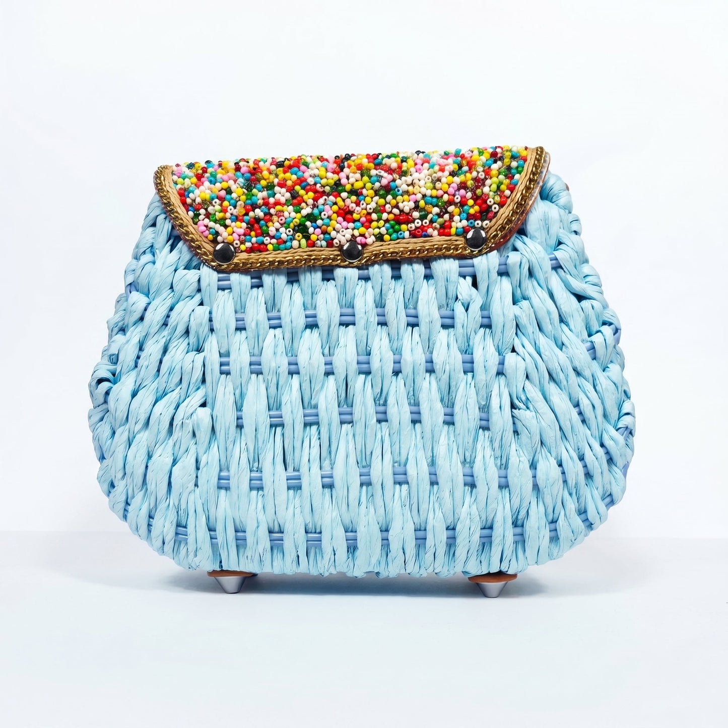 Borsa Tracolla in Rafia Intrecciata con Pattino Ricamato a Perline