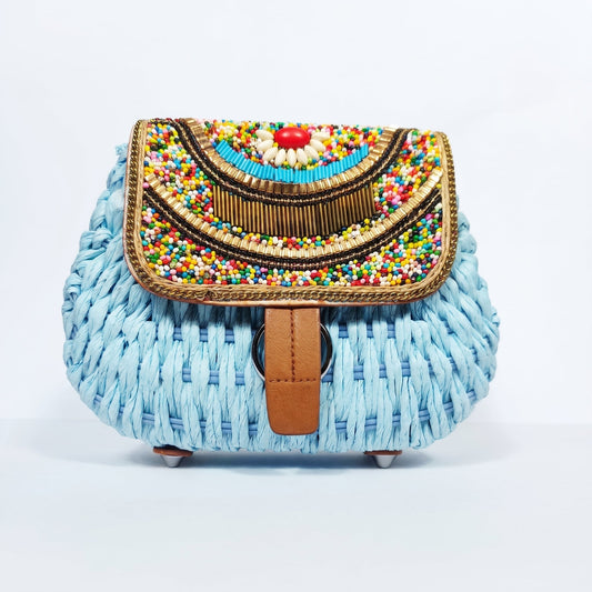 Borsa Tracolla in Rafia Intrecciata con Pattino Ricamato a Perline