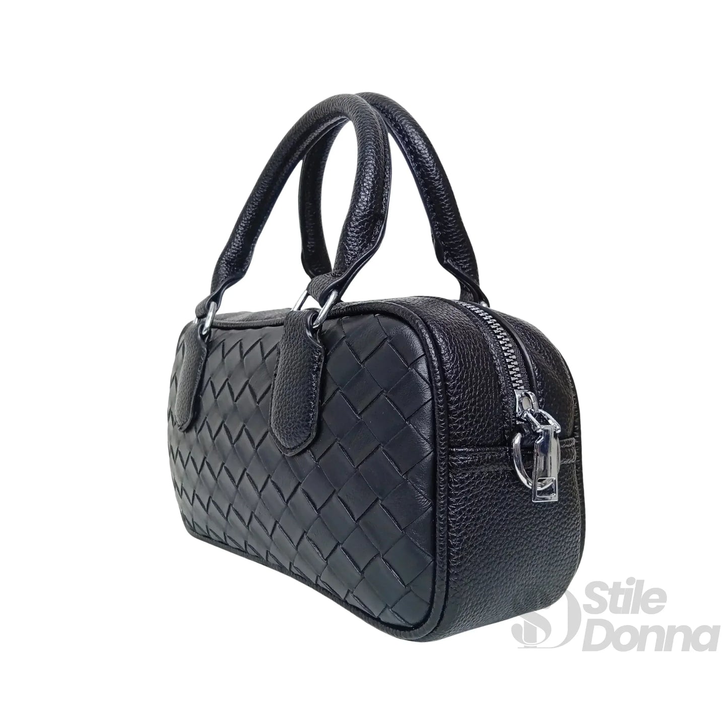 Borsa a Cilindro Intrecciata in Ecopelle Nera con Fodera Microfibra