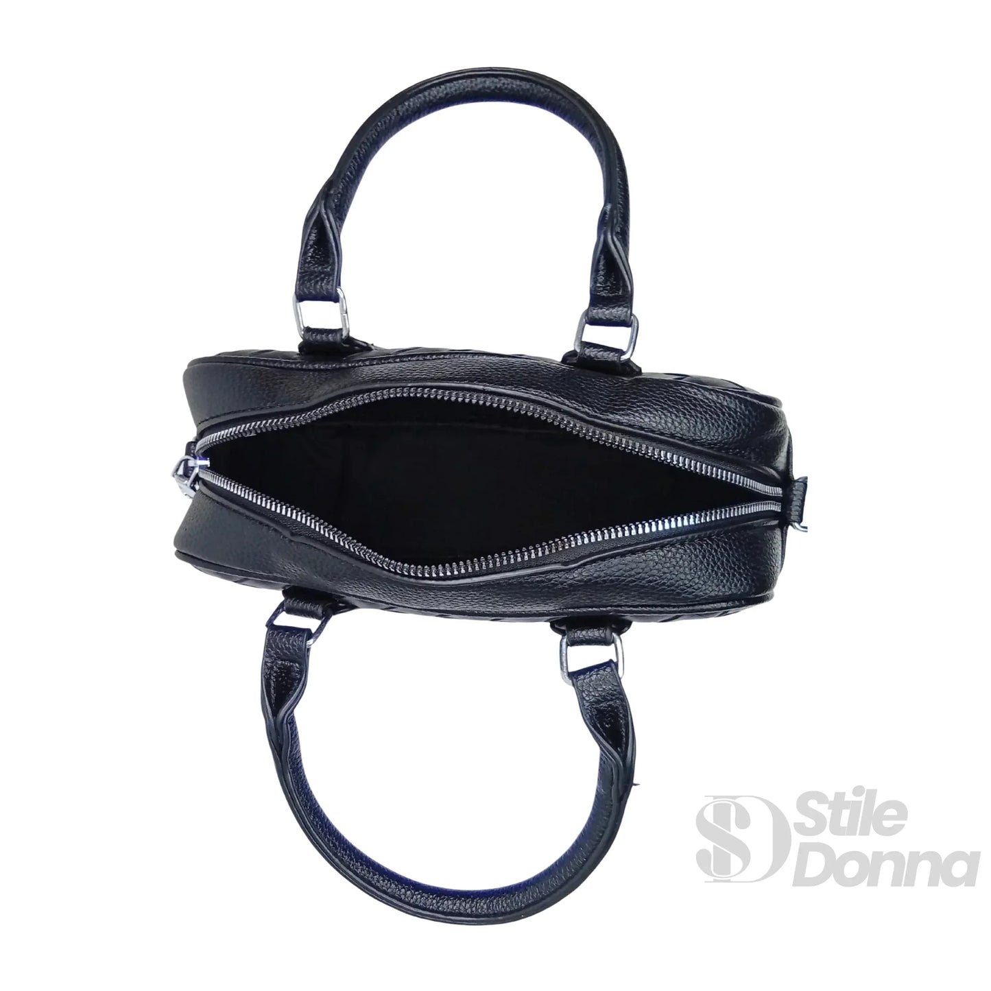Borsa a Cilindro Intrecciata in Ecopelle Nera con Fodera Microfibra