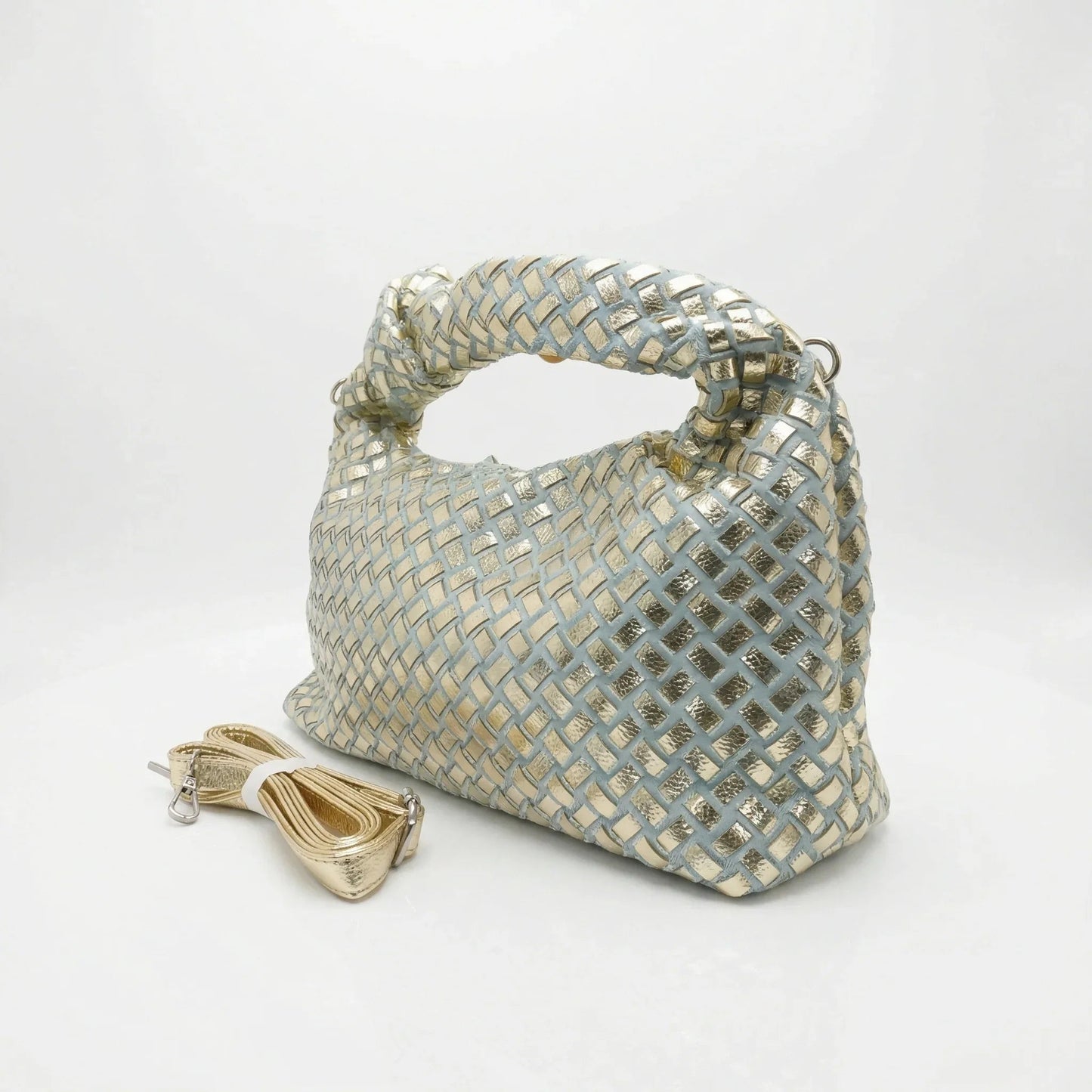 Borsa a Mano con Manico a Nodo Intrecciato in Ecopelle Argento e Oro