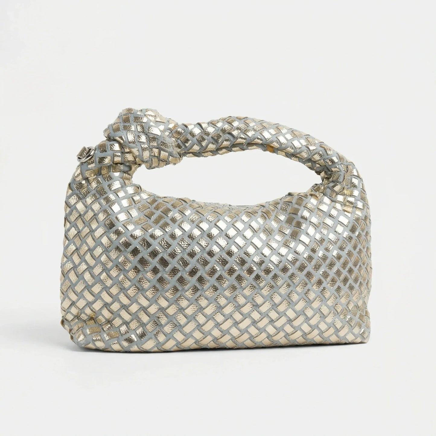 Borsa a Mano con Manico a Nodo Intrecciato in Ecopelle Argento e Oro
