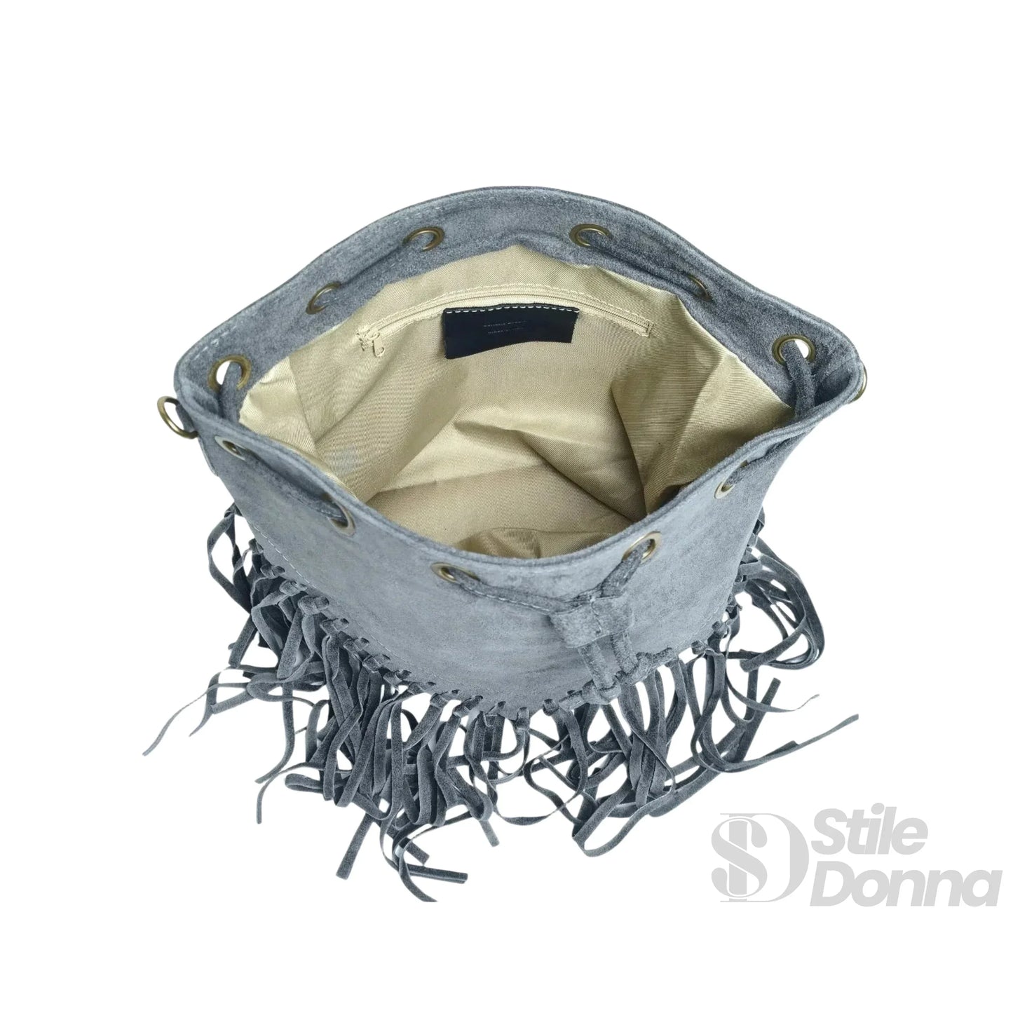 Borsa a Secchiello in Pelle Scamosciata con Frange e Tracolla Regolabile